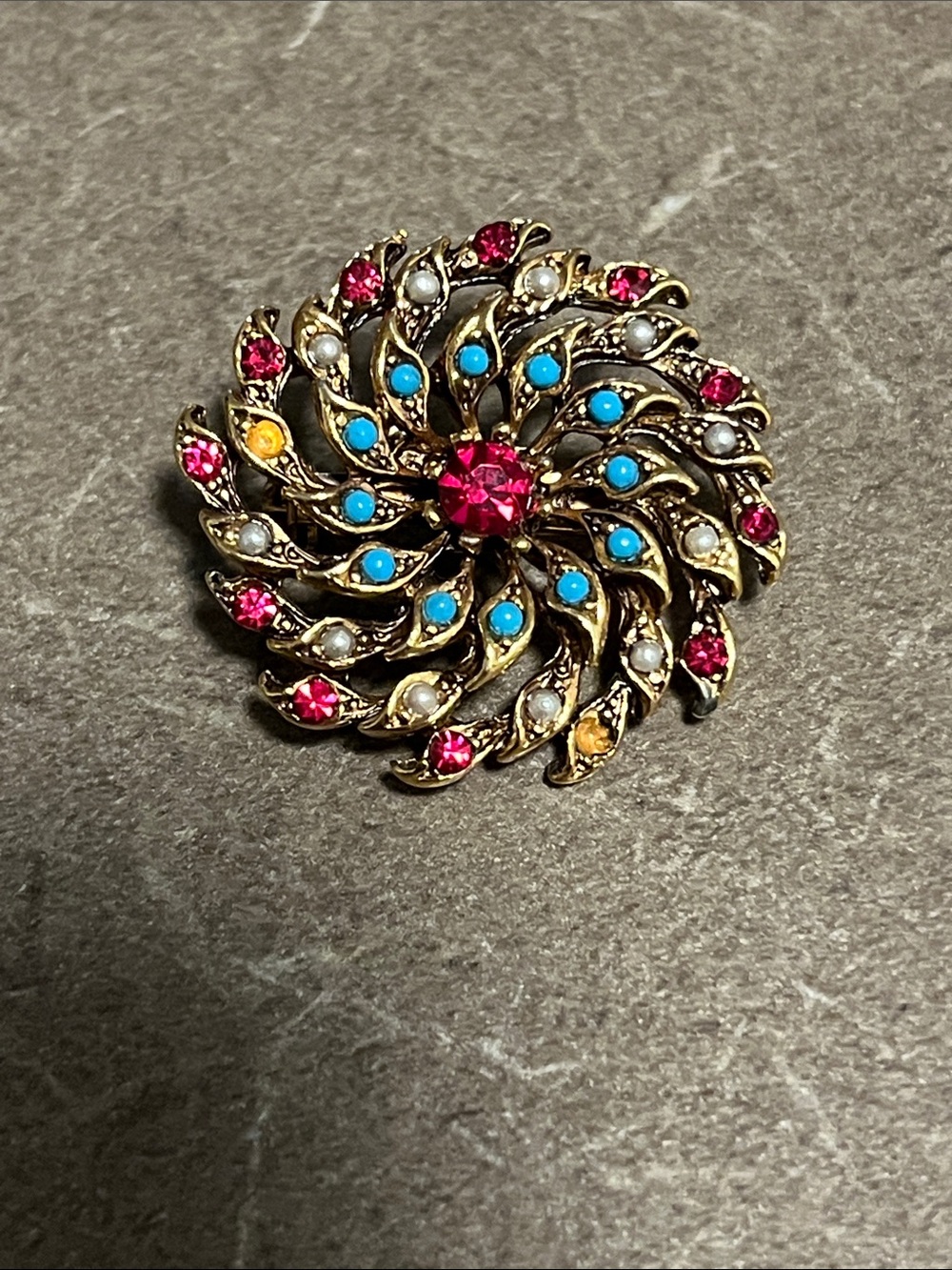 Vintage-Style Floral Swirl Brooch in Pink, Turquoise & Pearl Accents 1” round